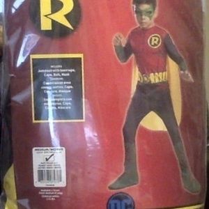 Rubies Robin Superhero Costume Jumpsuit with boot tops, cape, mask.